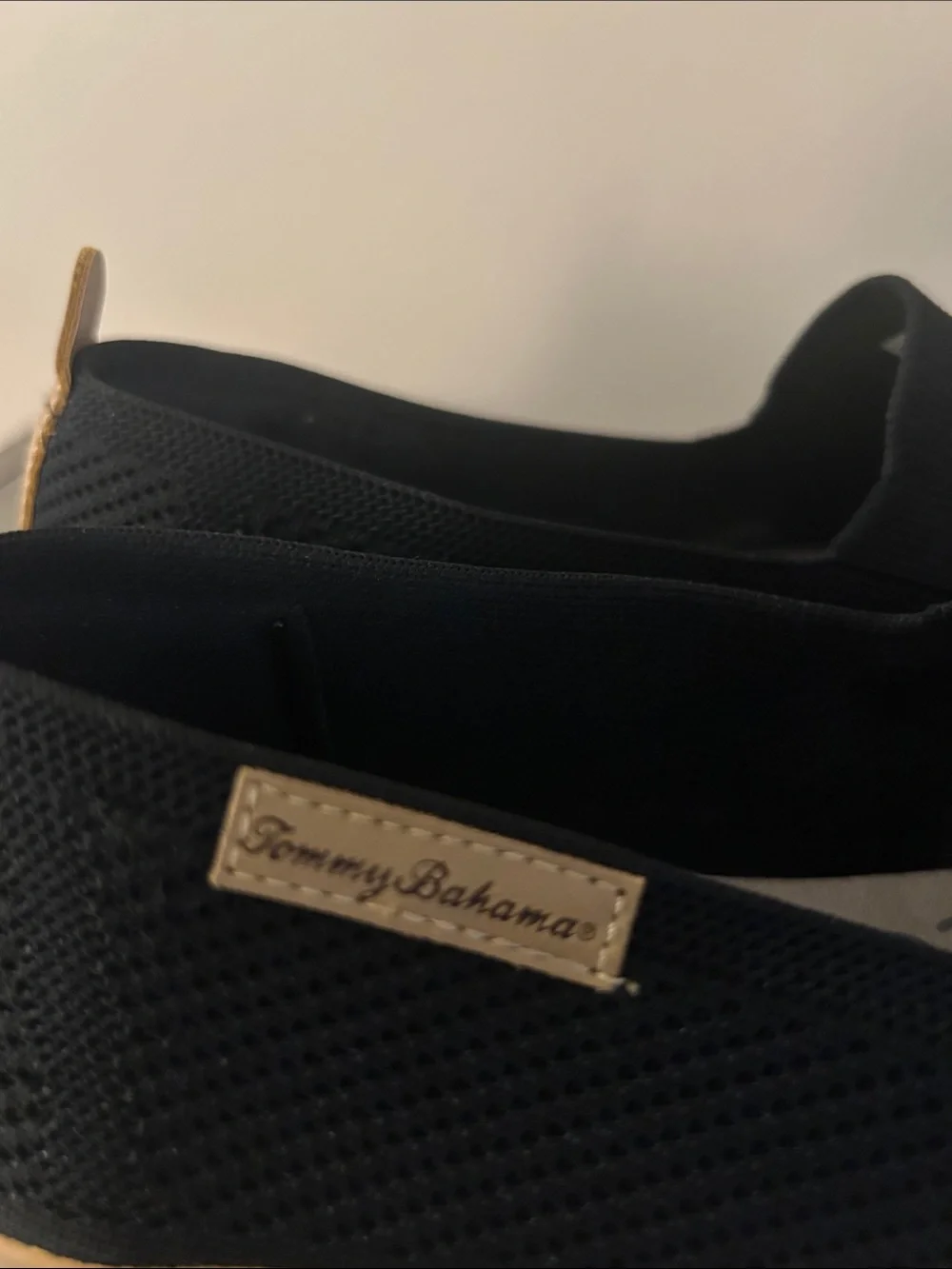 Tommy Bahama Black Slip-On Knit Loafers with Tan Trim